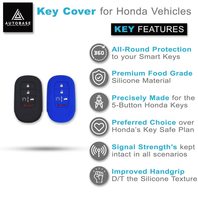 Autobase Silicone Key Fob Cover for 2022 2023 2024 2025 2026 Honda Civic Accord HR-V CR-V Pilot Sport SI EX EX-L Touring | Car Accessory | Key Protection Case - 2 Pcs (Black & Blue) - Image 3